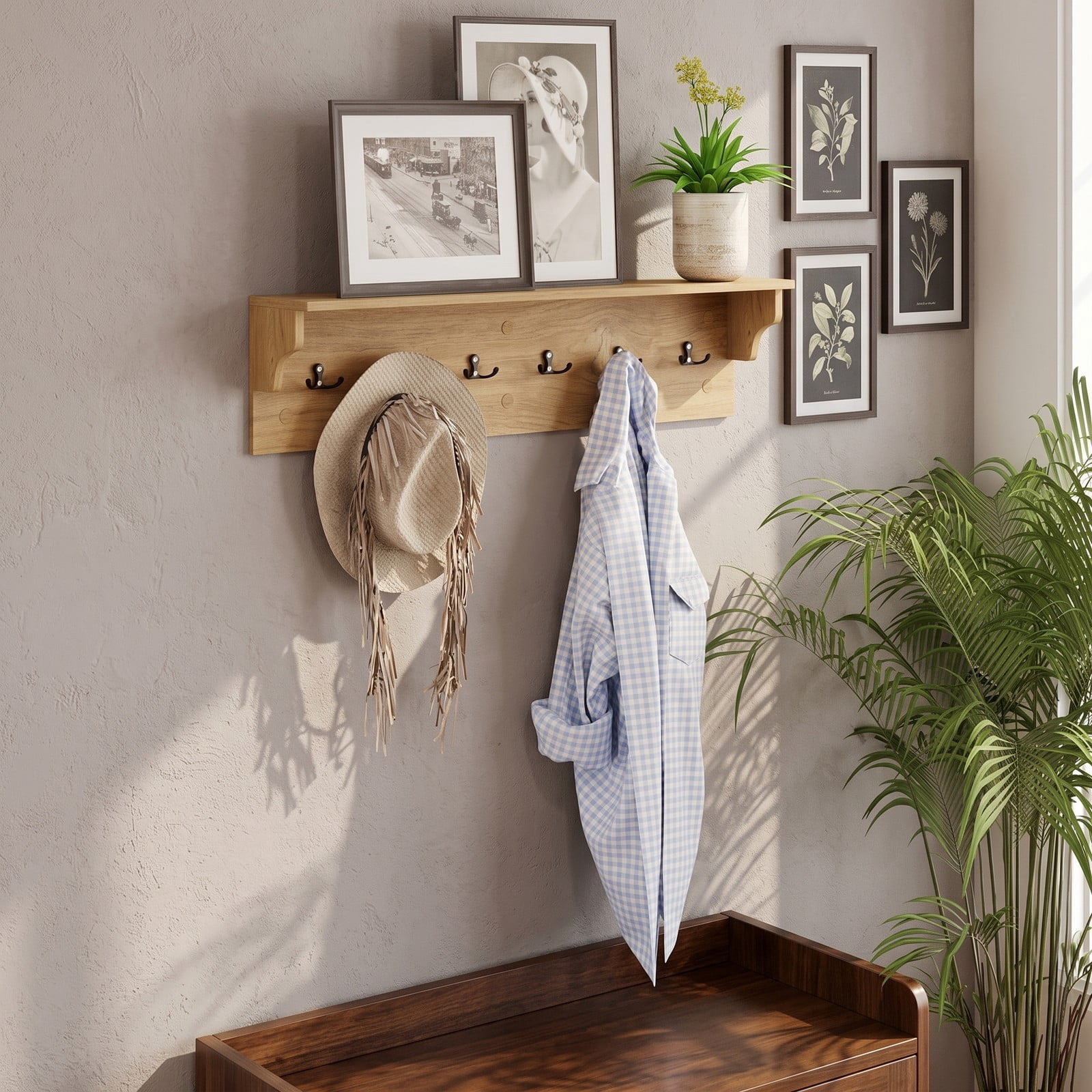Furnibear Wall Mounted 31.5 inch Wooden Coat and Hat Rack with Top Shelf and 6 Hooks for Hats Towels Purses and Robes, Natural