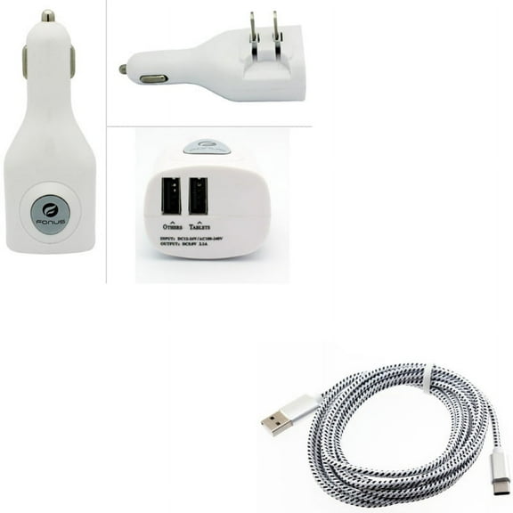 2-Port USB Car Home Charger w Type-C 10ft USB Cable N1J for OnePlus 5T, 6T, 6, 7 Pro - Razer Phone 2 - RED Hydrogen One - Samsung Galaxy S9 Plus, S8  S8, S10 Plus active S10e 5G Note 9 8 A9