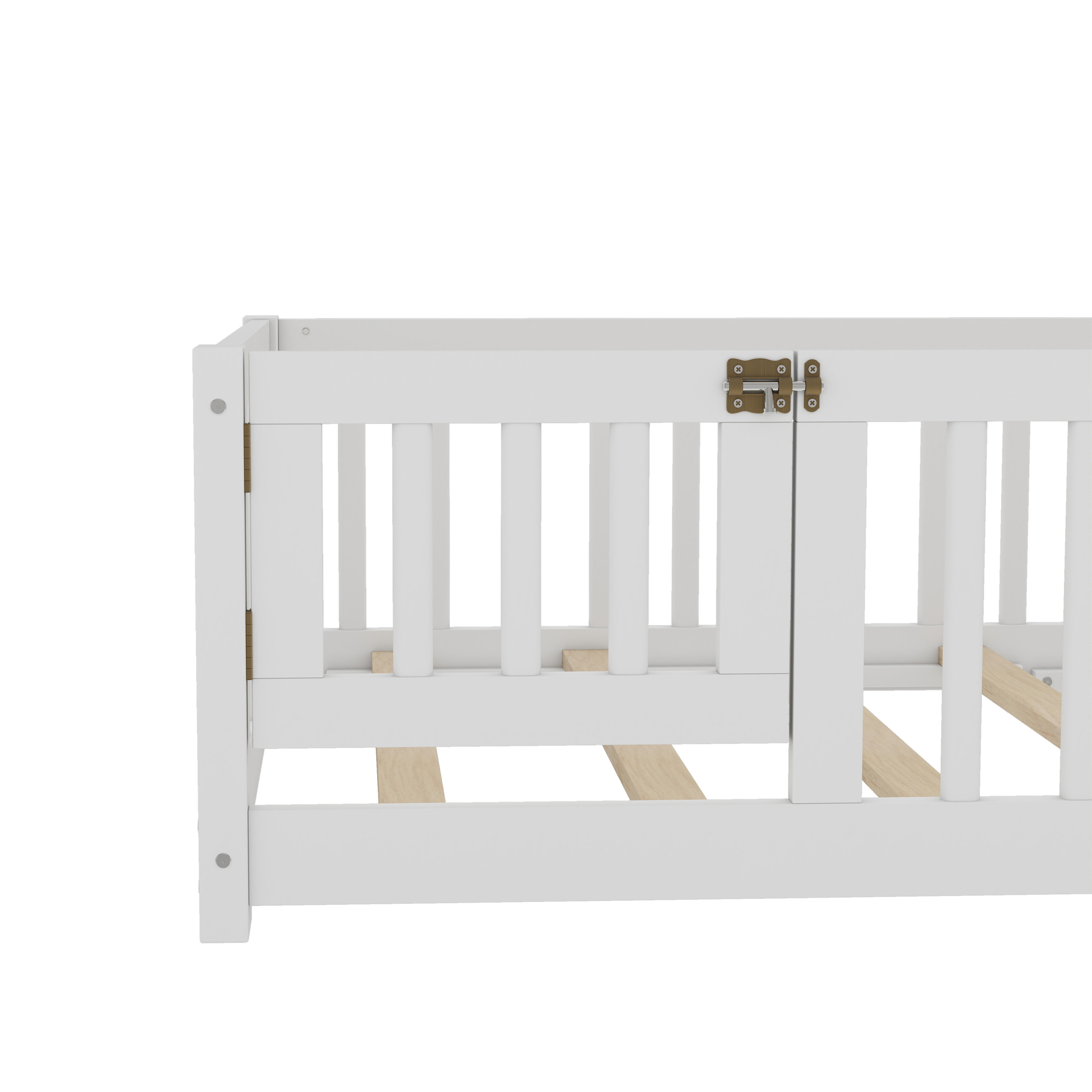 Jopath Twin Size Floor Bed Frame,Montessori Bed with Guardrails and Door,with Slatted Base,for Kids,Boys,Girls,White
