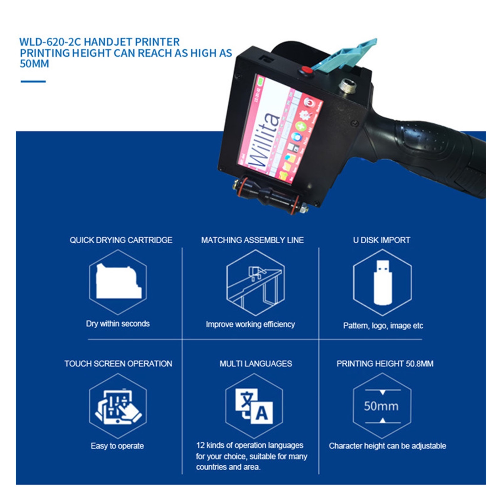 50.8mm Mobile Portable Hand Jet Handheld Thermal Variable Inkjet Printer Logo QR Bar Batch Code Number Logo Expiry Date Label ,Compact Design
