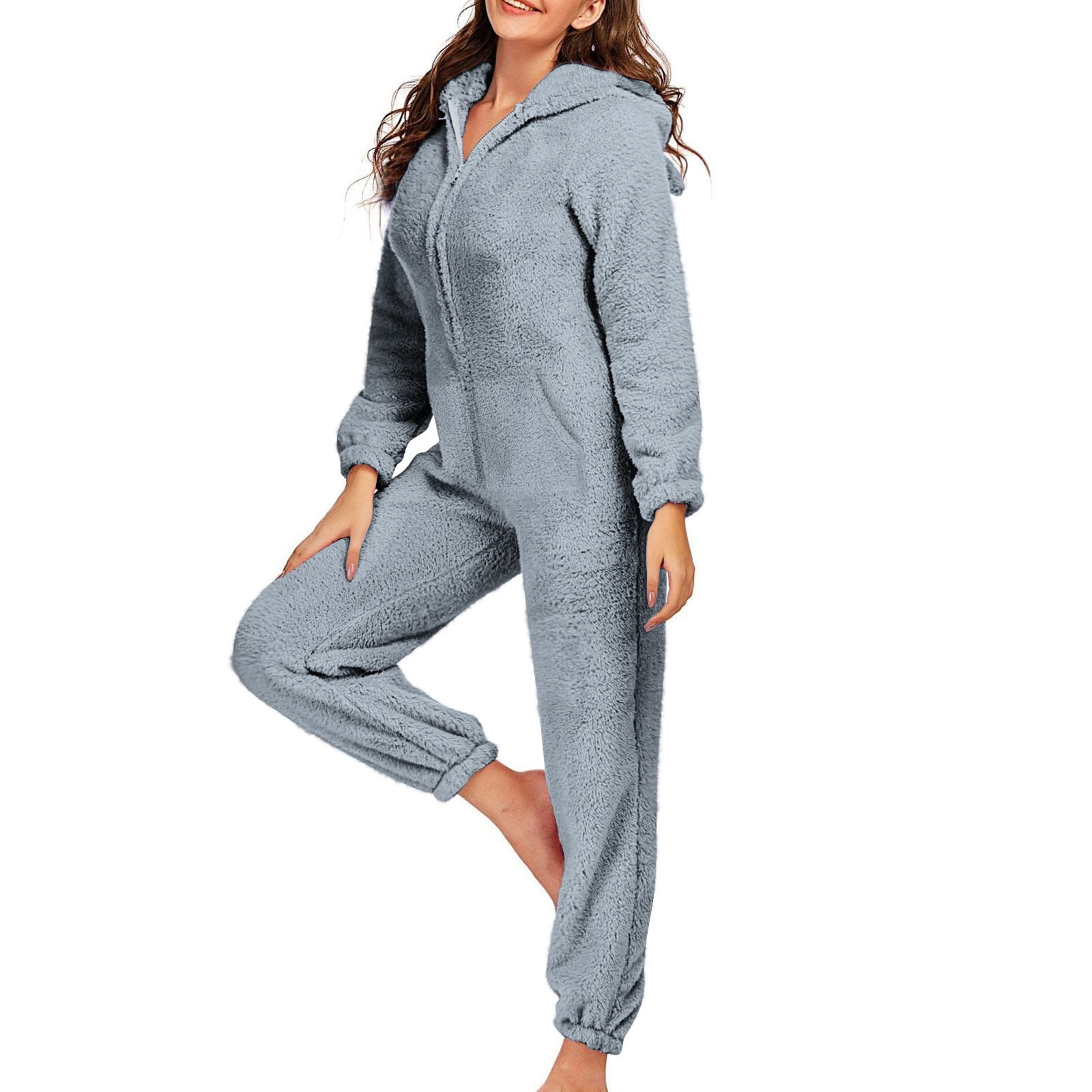 Xdegoge Fleece Jumpsuit Women Fuzzy One Piece Romper Zipper Long Sleeve Teddy Ears Jumpsuits Winter Warm Lounge Pajamas Loungewear with Pockets