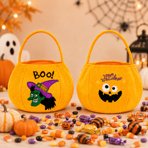 Yellow Plush Halloween Pumpkin Candy Basket with Carry Handle