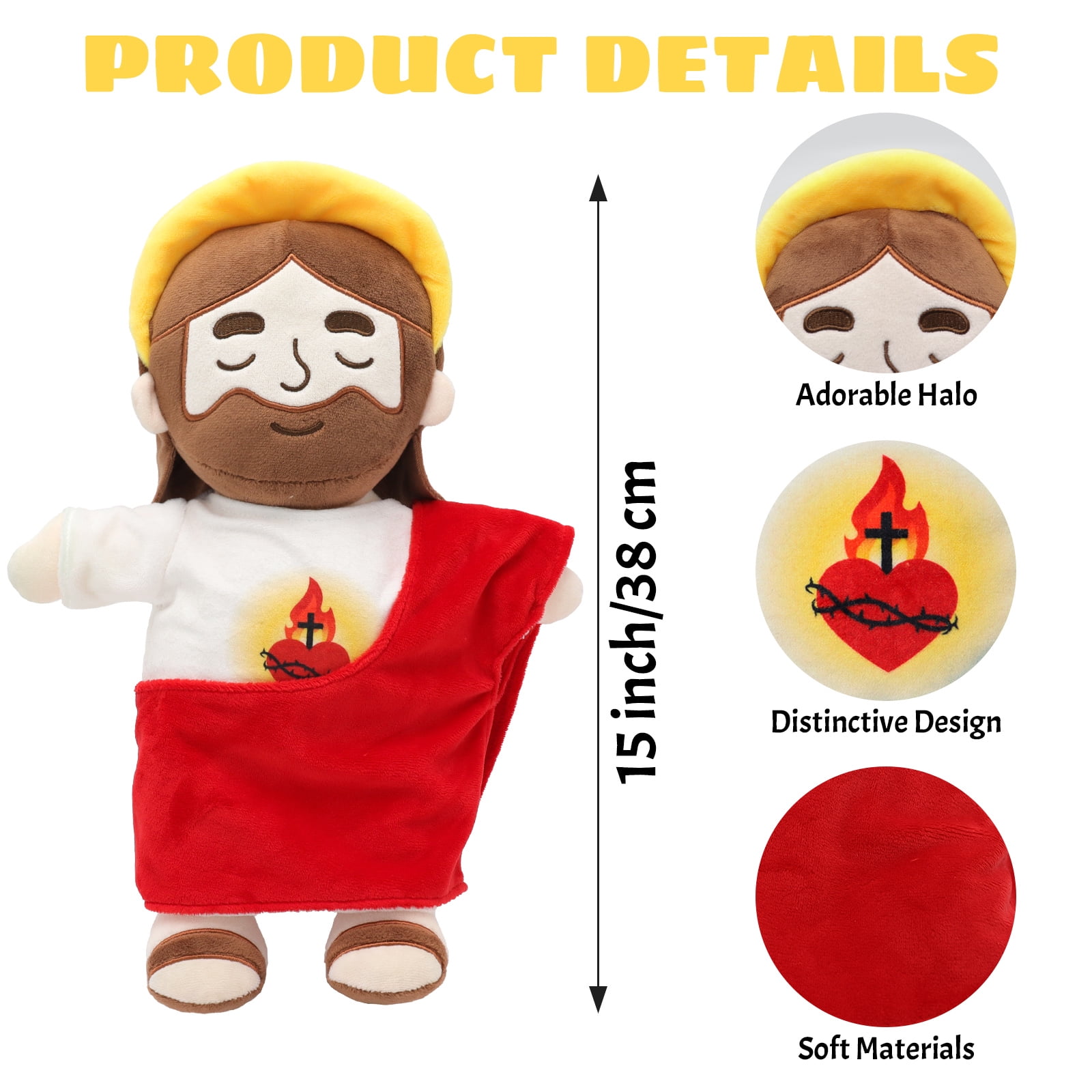 Halo Breathing Jesus Plush Doll Sacred Heart Jesus Doll Sound And Light, Christian Religious Toy For Church Prayer Home Decoration Baptism Easter Christmas Kid Gifts-Red