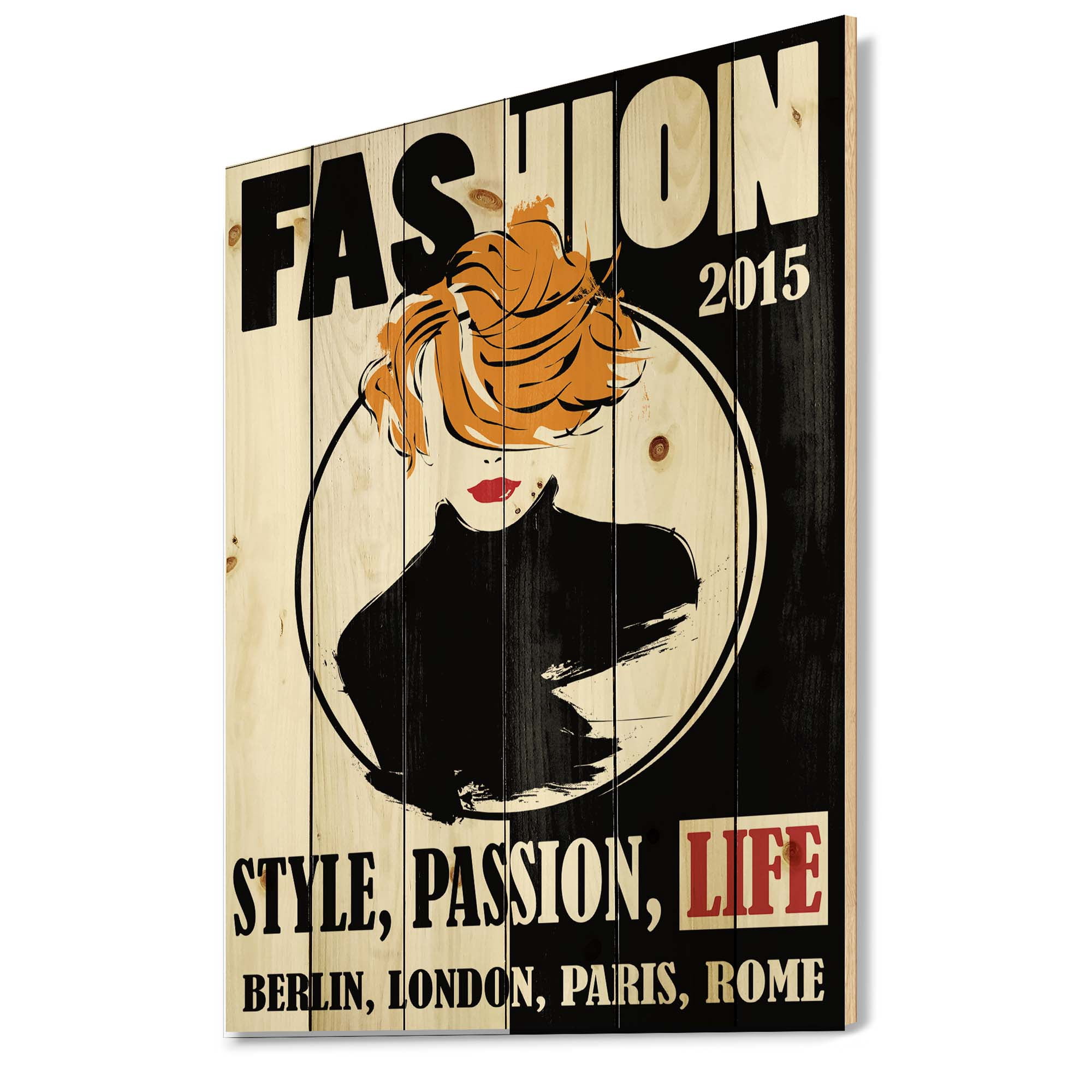 Designart 'Style Passion Life Fashion Woman V' Modern Print on Natural Pine Wood