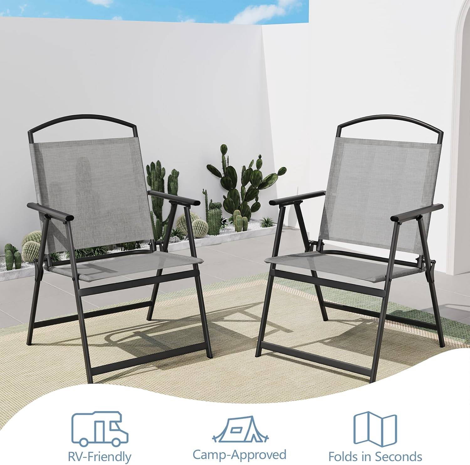 SWITTE Folding Patio Chairs Set of 2, Outdoor Dining Chairs with Armrests, Breathable Textilene & Steel Frame for Lawn, Garden, Yard or Poolside - Light Gray