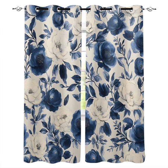 Navy Blue Beige Peony Blackout Curtains for Bedroom Living Room Darkening Curtains 84 Inch Length 2 Panels Set Vintage Floral Blossom Botanical Window Curtain Window Treatment Grommet Drapes 42"x84"