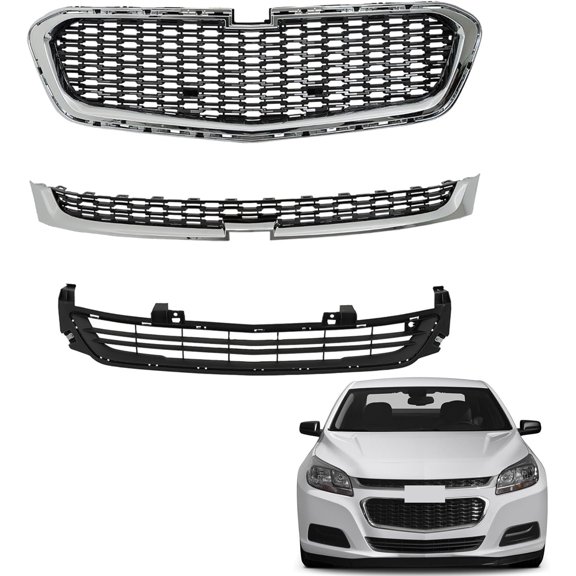 labwork 3Pcs Front Grille with Chrome Trim Set Bumper Grill Replacement for 2014 2015 2016 Malibu