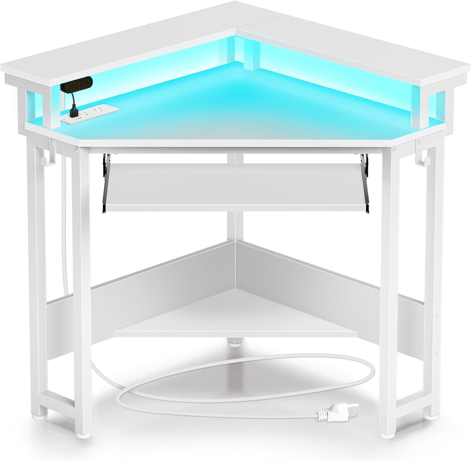 BIZFURN Corner Desk, 44.5" W x 34.5" H Small Computer Desk with Power Outlets, Gaming Desk with LED Lights, Triangle Corner Desk with Keyboard Tray & Monitor Stand for Small Space, Rustic Brown