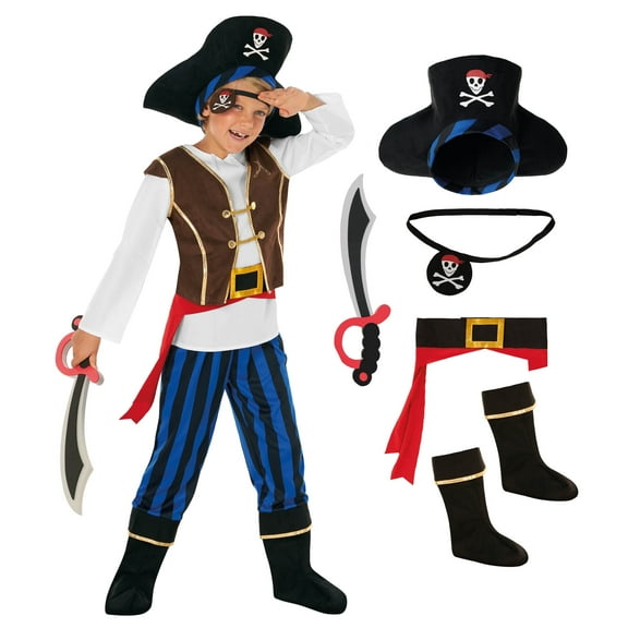 Morph Boys Blue Pirate Costume Hat Toy Sword Kids Buccaneer Captain Halloween Halloween Blue M
