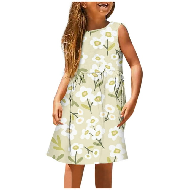 TJAZFJPA Robe Formelle pour Filles Mode Filles Mignonne Printemps et Été Imprimée Col Rond Sans Manches Robe Décontractée (2) Robes pour Bébé Fille 6-9 Mois