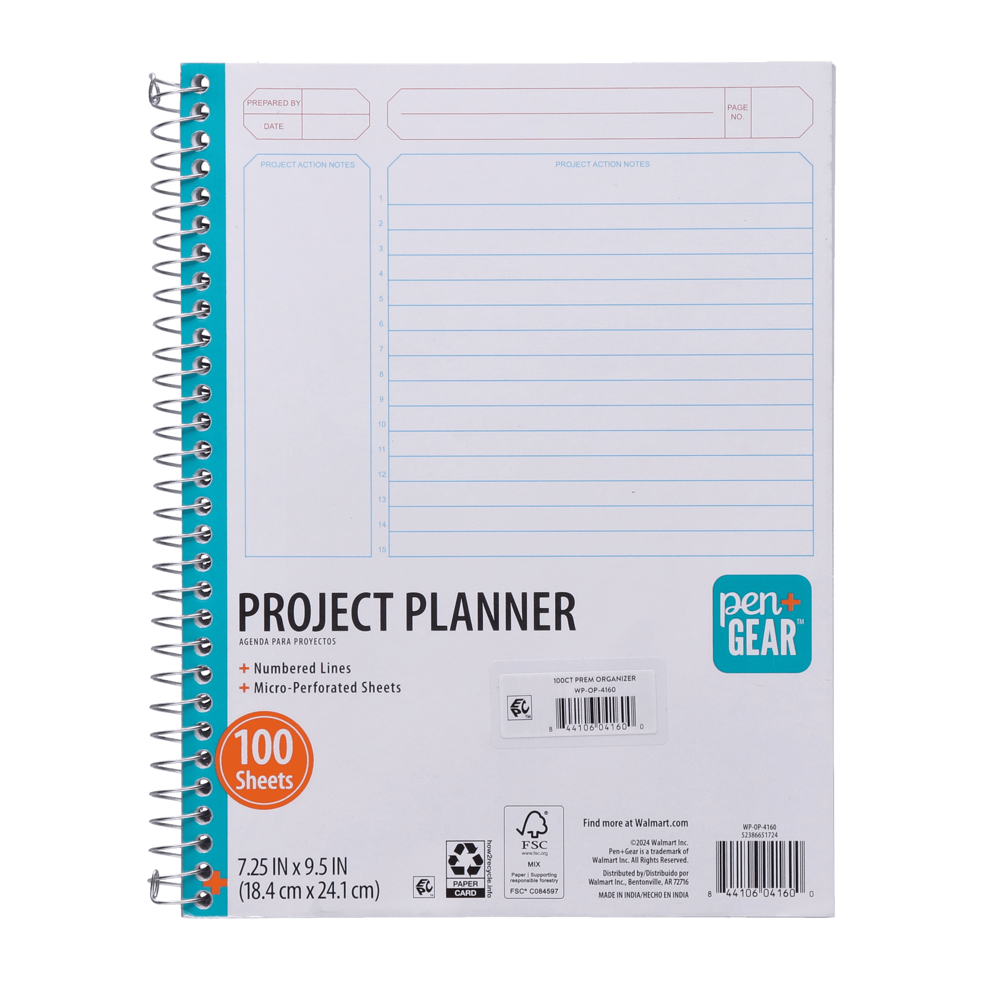 Pen+Gear White Project Planner with Numbered Lines, 9.5 x 7.25 In, 100 Sheets
