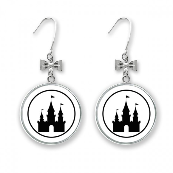 Amusement Park Castle Black Outline Bow Earrings Drop Stud Pierced Hook