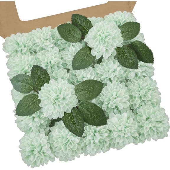 25Pcs Realistic Mint Green Dahlia Artificial Roses with Stem, Fake Flowers for DIY Wedding Bouquets Centerpieces Bridal Shower Party Home Decor