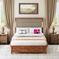 thumbnail image 2 of Queen Size Platform Bed, Modern Wood Bed Frame with Upholstered Headboard, Charging Station, LED Lights, Wood Slats, Retro Bed Frame for Bedroom, No Box Spring Needed, Easy Assembly, Brown Grey, 2 of 9