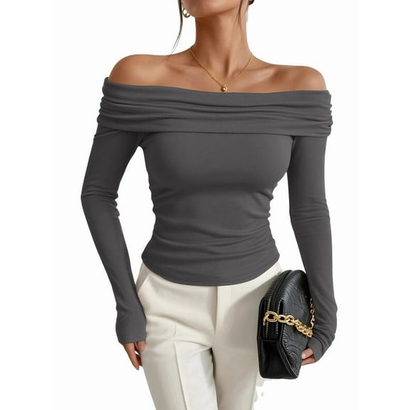 Women'S Off Shoulder Tops Dressy Casual Slim Fit Long Sleeves Spring Fall Blouse Going Out Shirt Grey M