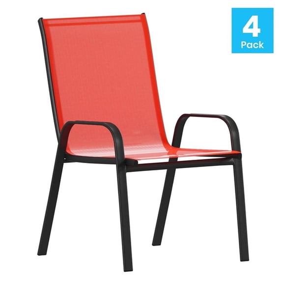 Pemberly Row Contemporary Metal Patio Stack Chair in Red (Set of 4)