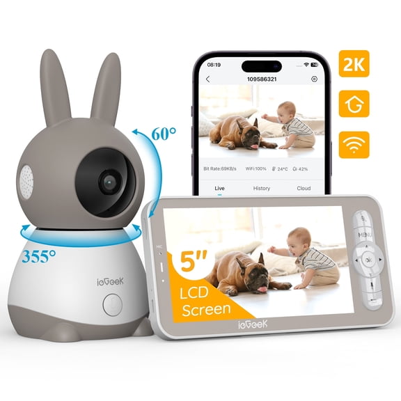 ieGeek Baby Monitor with Remote Pan-Tilt-Zoom, 2K, 5" Video Baby Monitor with Camera and Audio, Motion & Sound Detection, APP, 2-Way Talk, Smart Baby Monitor
