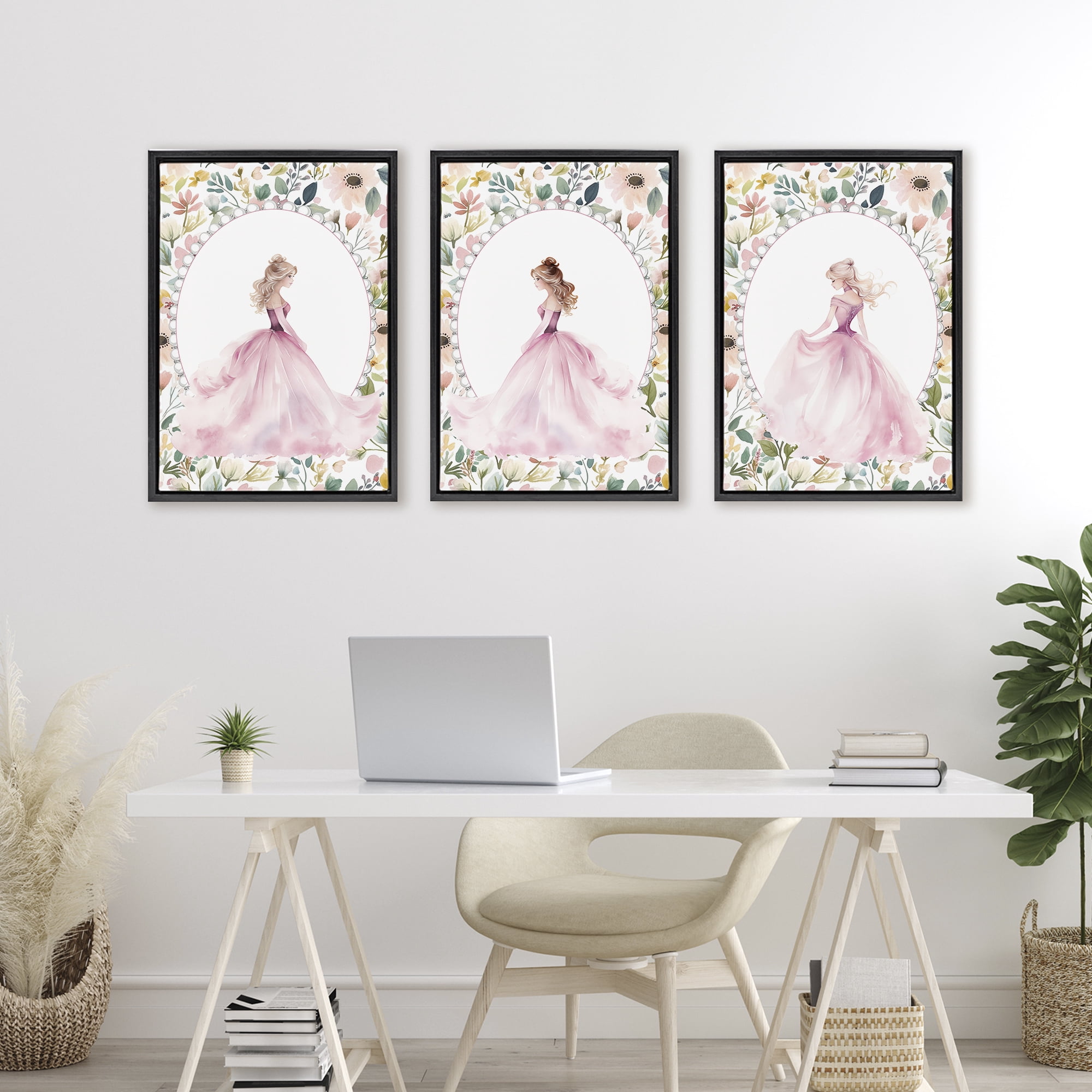 Stupell Industries Bordered Princess Love 3 Piece Black Framed Floater Canvas Set, design by Christine Simpson Art