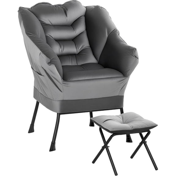 Modern Lazy Chair with Ottoman, Fabric Lounge Accent Chair, Leisure Sofa Armchair with Armrests, Side Pockets, Upholstered Reading Chair and Footstool Set for Living Room, Bedroom, Gray