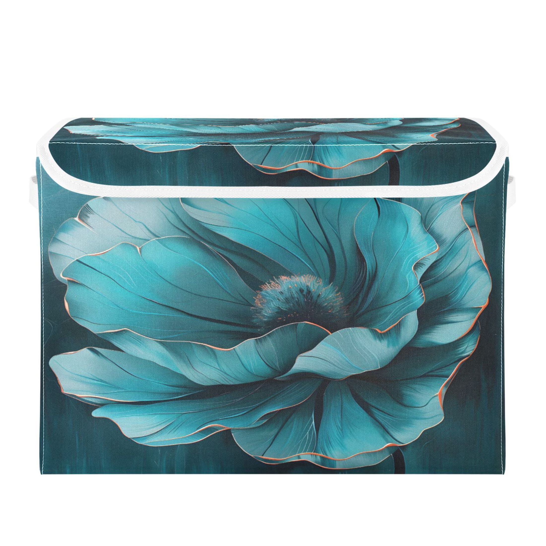 Ryvnso Teal Flower Large Lidded Foldable Storage Baskets Cubes Boxes Lids Bin for Home