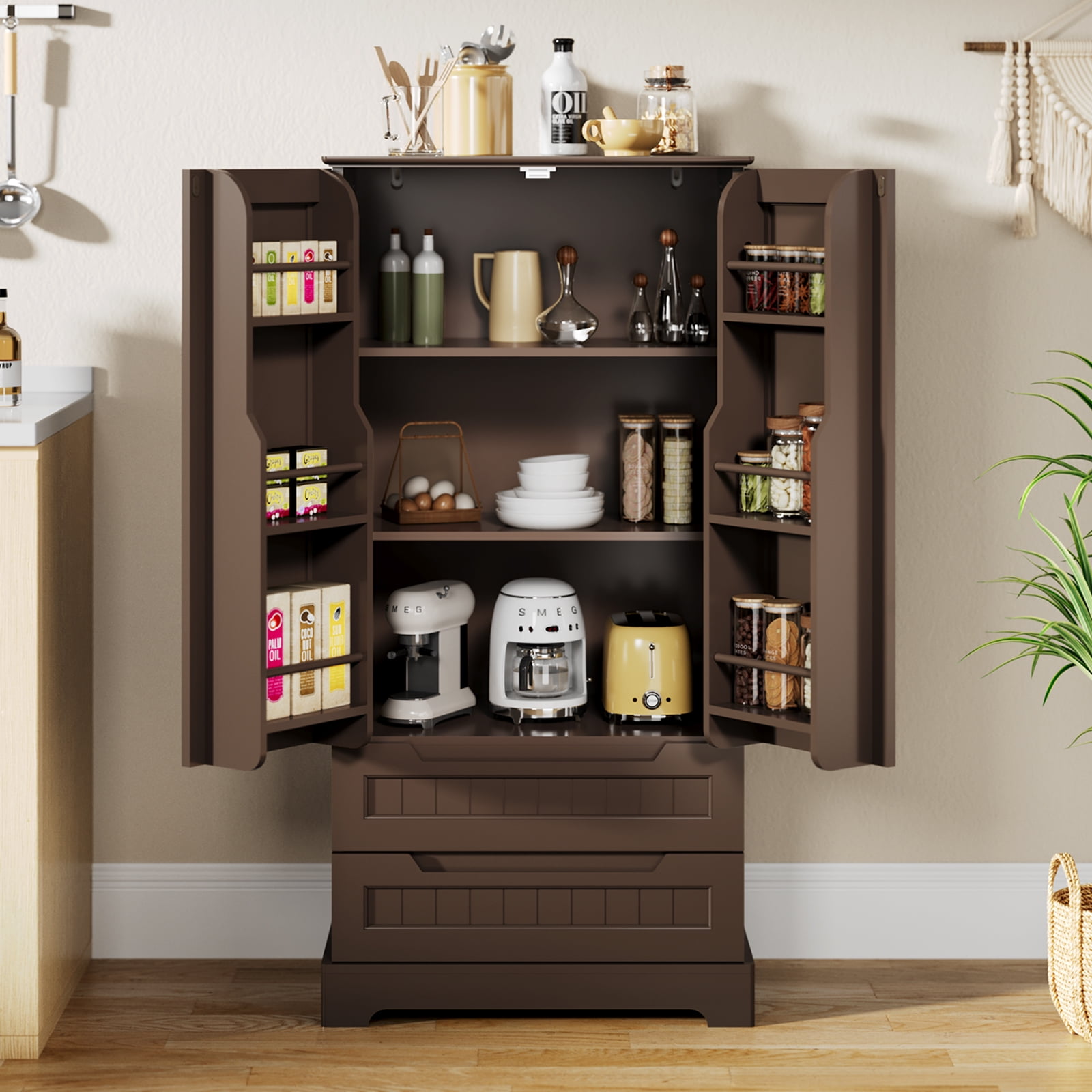 Pantry Storage Cabinet with 2 Drawers，Asofer 47" Kitchen Small Food Pantry Cabinet for Dining Room, Dark Brown