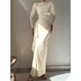 thumbnail image 6 of Women'S Solid Color Long Sleeve Crew Neck Ruched Waist Flowy A Line High Low Midi Irregular Split Dress Apricot XL, 6 of 7