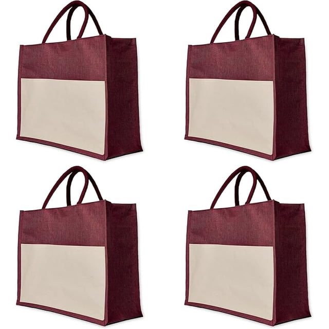 Jucobee Lot de 4 Sacs Fourre-Tout Juco Rouge Profond – Grands Sacs en Toile de Jute Réutilisables avec Poignées Robustes, Parfaits pour Courses, Mariages, Cadeaux & Bricolage – 13 Pouces x 16 Pouces x 7 Pouces