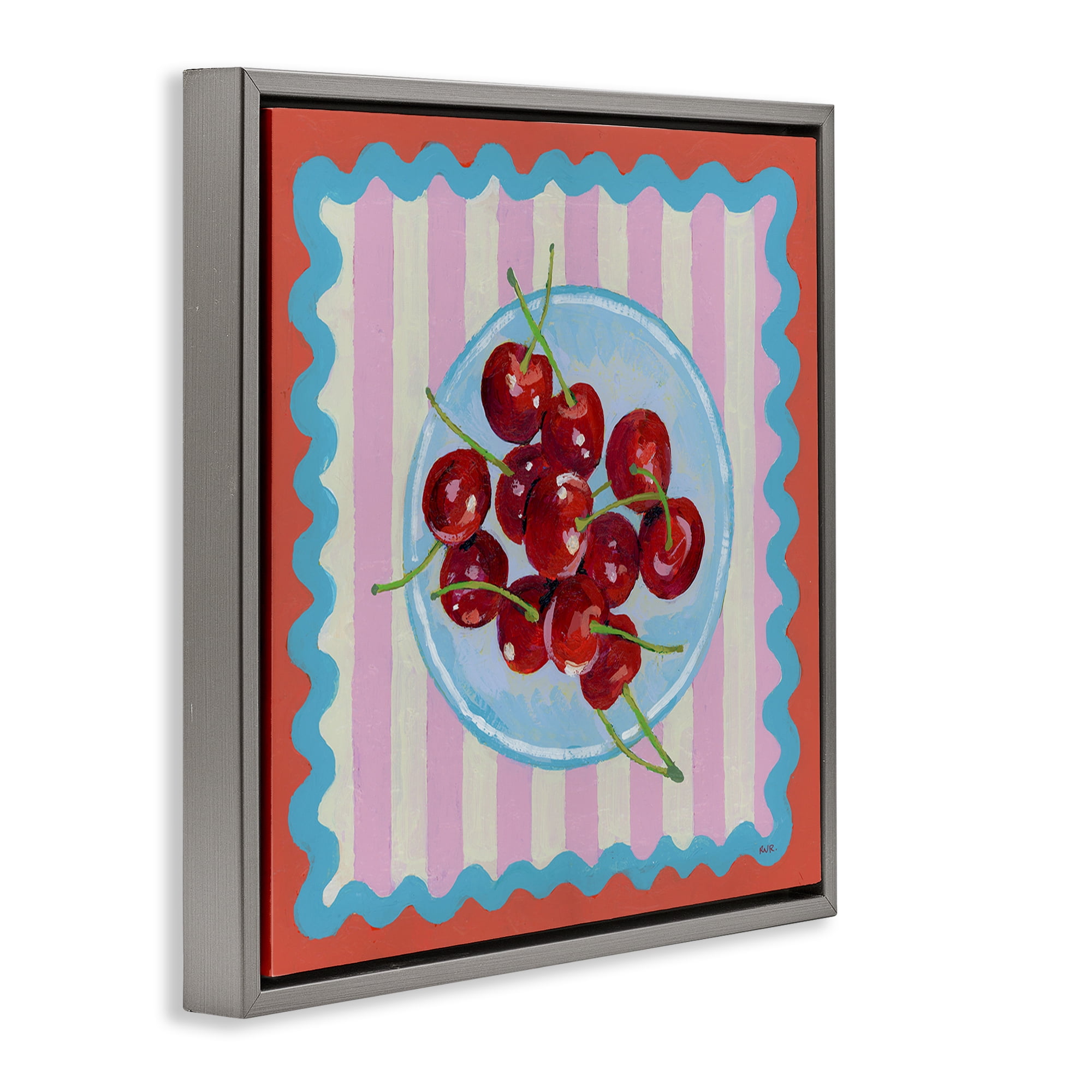 Stupell Industries Red Cherries over Pink Stripes Gray Framed Floater Canvas Wall Art, design by Rachael Reese