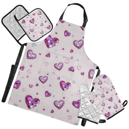 Ryvnso Sparkling Hearts Kitchen Apron Oven Mitts Set Pot Holders