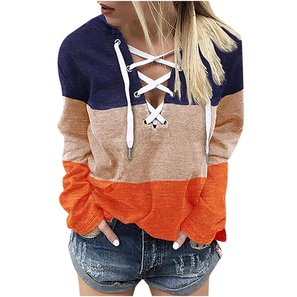 Mujeres Otoño Invierno Color bloque estampado vendaje cruzado cuello en V cultivo entrenamiento raya costura manga larga Sexy sudadera con capucha blusa pulóver Fridja fhghd558