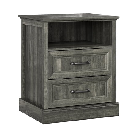 YouTrend Farmhouse Nightstand with 2 Drawers & Open Shelf End Table Bedside Tables for Bedroom Living Room Gray