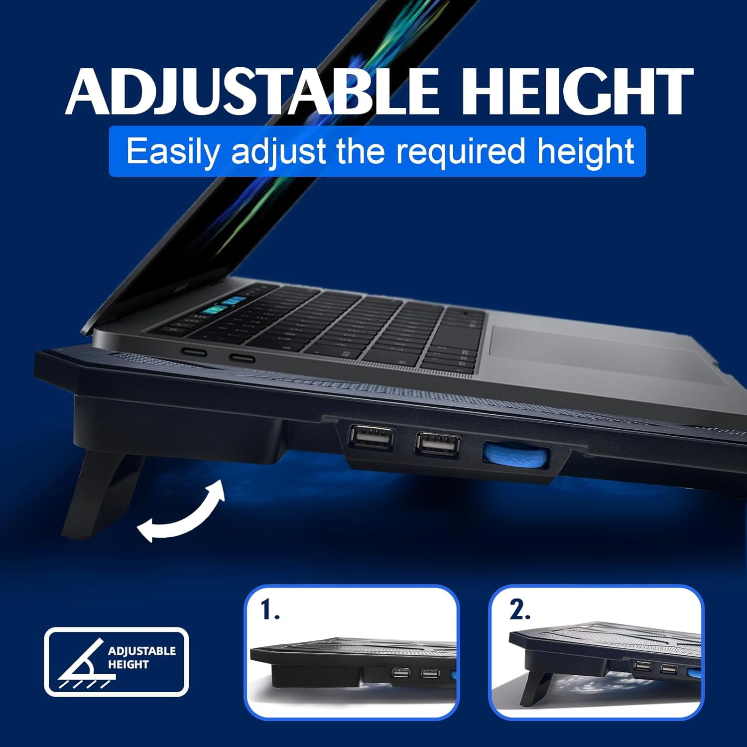 Laptop Cooling Pad with 6 Fans, Ergonomic USB Powered for Dual 2.0 Ports, Height-Adjustable, Metal Mesh Gaming Notebook Cooler, Fits 15-17.3 inch Laptops