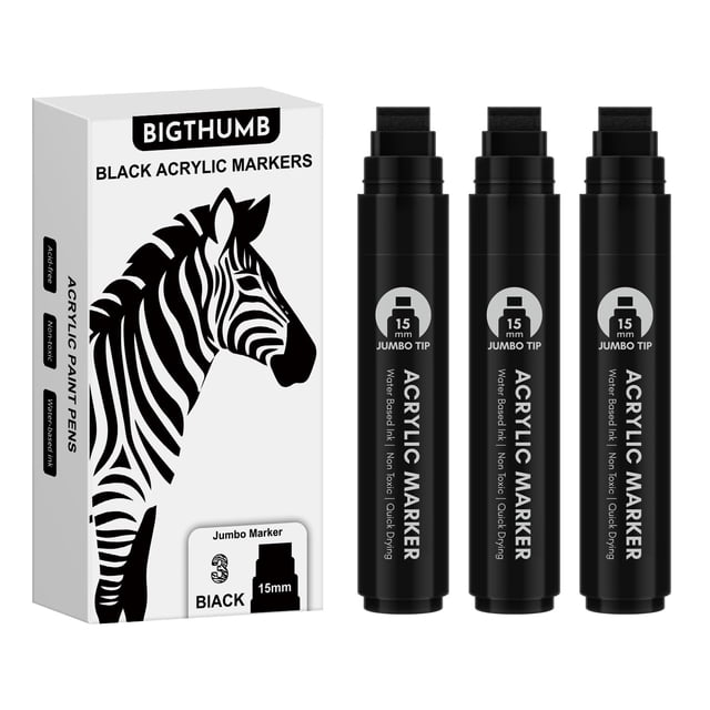 Marcadores de pintura BIGTHUMB, 3 piezas, negros, punta jumbo de 15 mm
