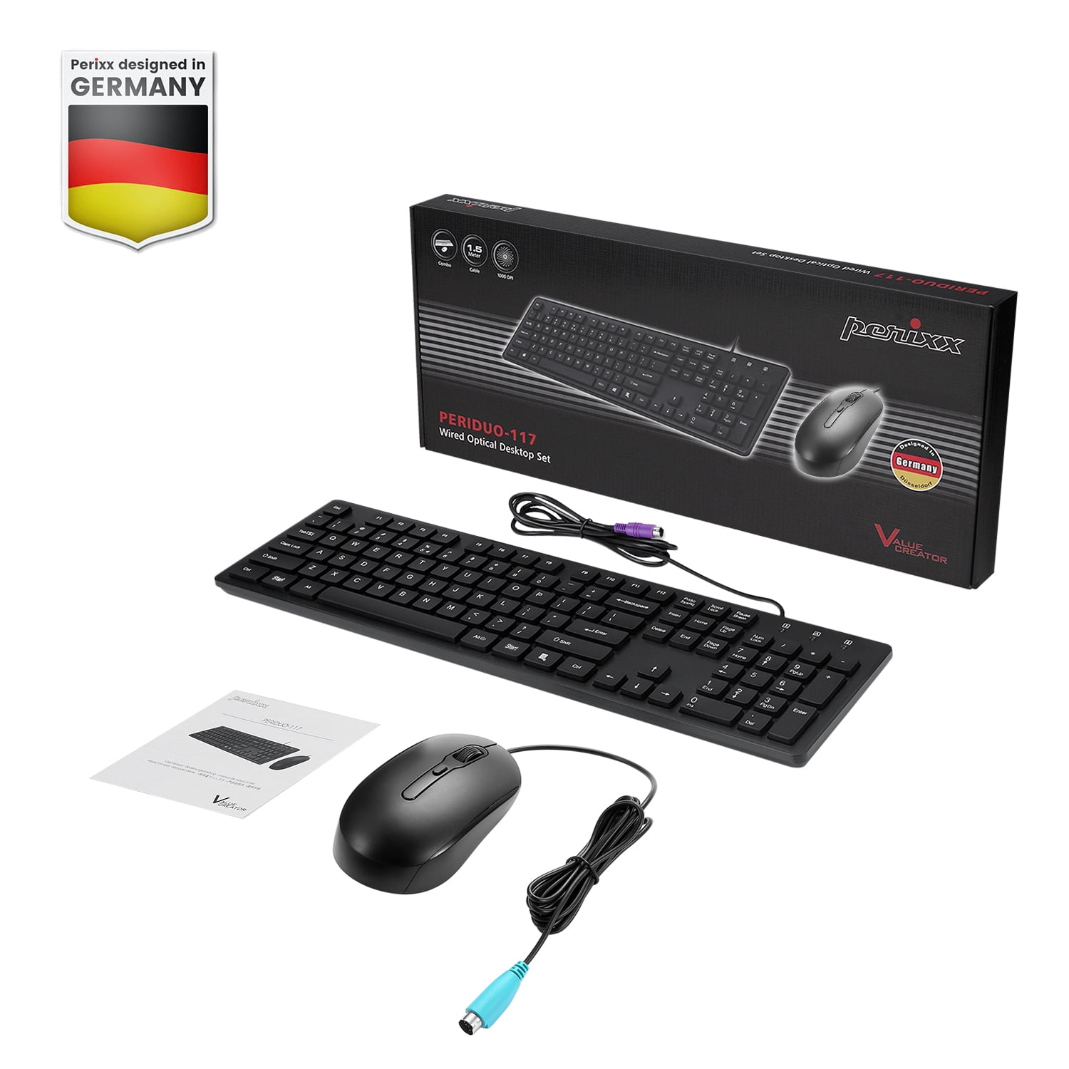 Perixx PERIDUO-117P, Wired Standard PS2 Keyboard and Mouse Combo - Full-size Layout - Bundle with 3 Button Optical PS2 Mouse - 5.9Ft Cable - Black