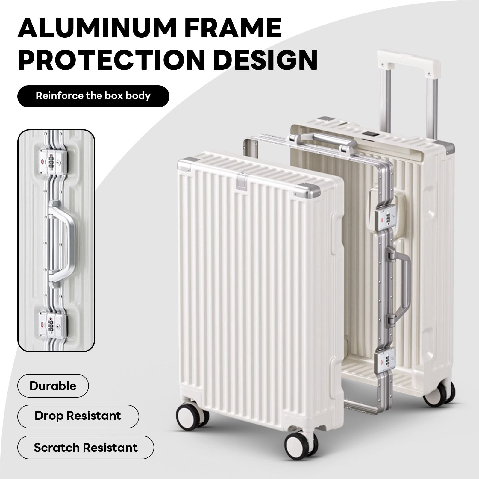 20in Carry on Luggage, Zipperless Aluminum Frame PC Hard Shell Luggage with 360 Spinner Wheels,TSA Lock,for Travel,White