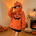 thumbnail image 6 of Halloween Hoodies for Women Oversized Pumpkin Face Print Pullover Sweatshirt Orange Hoodie with Pockets & Pumpkin-Shaped Hood, 6 of 7