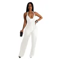 thumbnail image 3 of Mono de una pieza con escote en V profundo y espalda descubierta para mujer, sin mangas, con cordones, pantalones largos de pierna ancha, monos plisados sólidos, 3 of 5