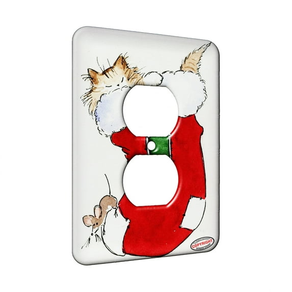 KuzmarK™ 1 Gang AC Outlet Wall Plate - Maine Coon Kitty and Mouse JOY Set Christmas Stocking J Cat Art by Denise Every