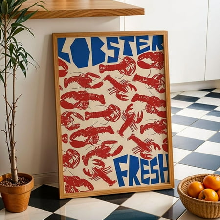 Fresh Lobster Kitchen Poster Red Linocut Style Wall Art Vintage Seafood Print Poster for Coastal Home Nautical Dining Room or Cafe Decor, Size 12x18 UNFFRAMED F03.1.6l1767