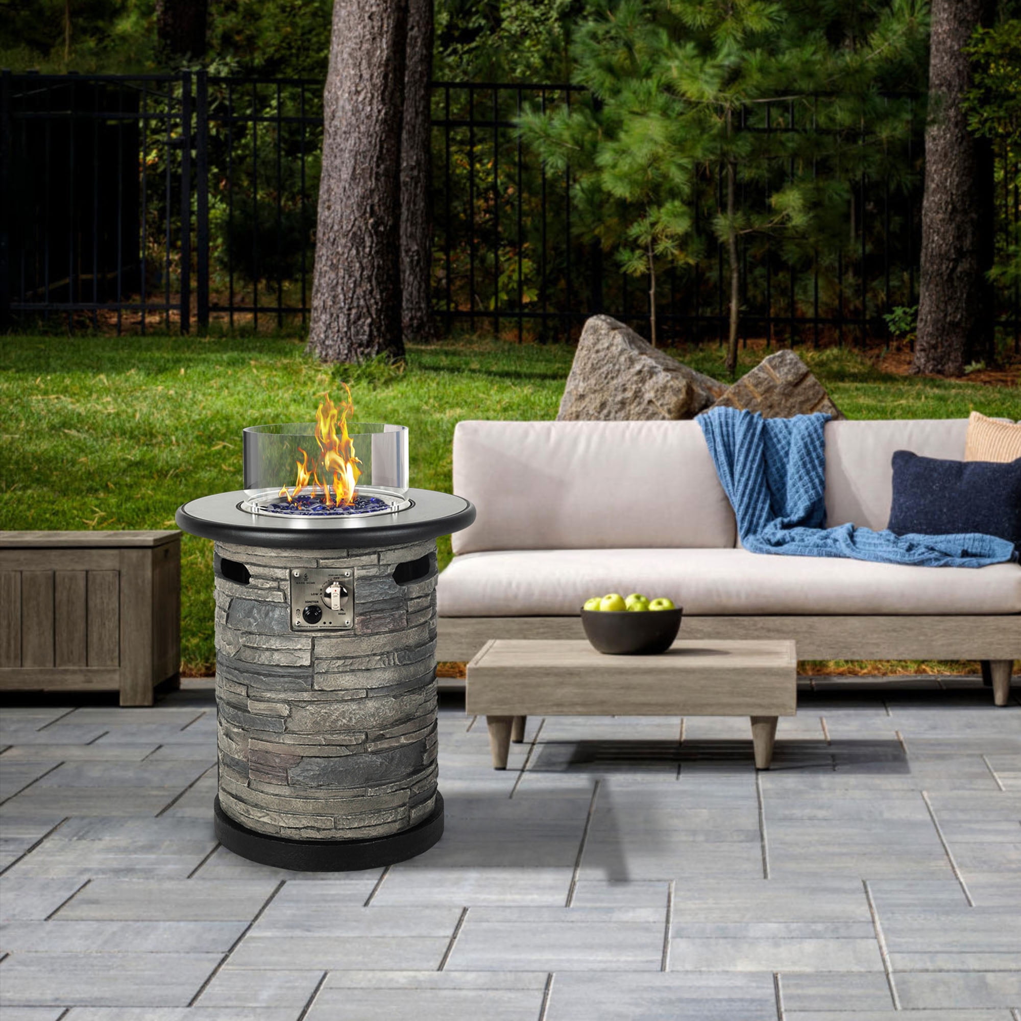 BAIDE HOME 22" Column Outdoor Propane Fire Pit, 40,000 BTU Round Gas Fire Bowl with Porcelain Tile Top, Wind Glass Shield, Glass Rocks, Cover