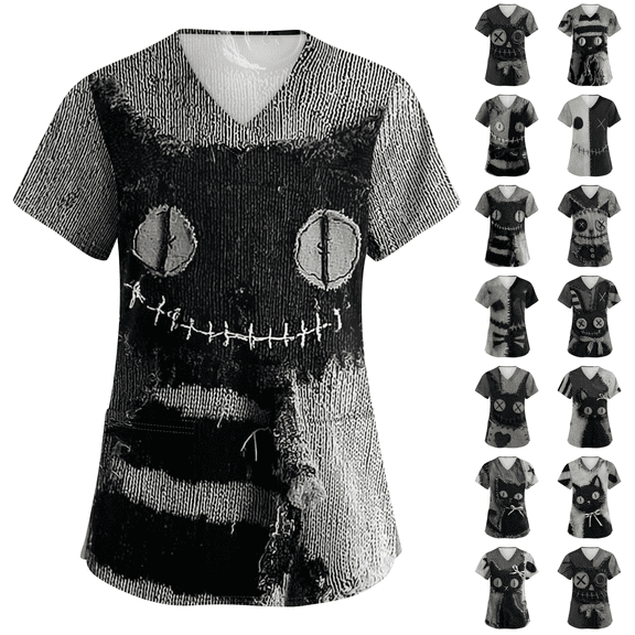 Halloween Scrub Tops Women Short Sleeve Cute Halloween Print V Neck Nursing Uniforms