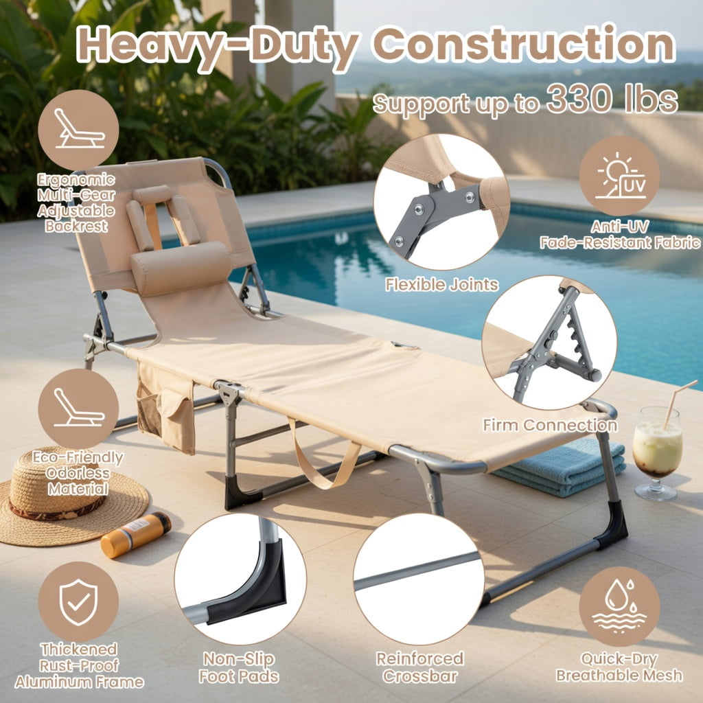 Hommoo Foldable Tanning Chair with Face & Arm Holes, Lightweight Portable Beach Chair for Pool, Patio, and Outdoor Use, Beige