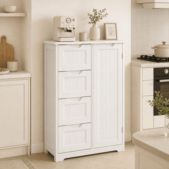 Aiho Wooden Kitchen Pantry Cabinet, 31.5"L Kitchen Storage Cabinets with 4 Drawers, 1 Door and Adjustable Shelves, For Kicchen, Dining Room, Livingroom, Bathroom - White