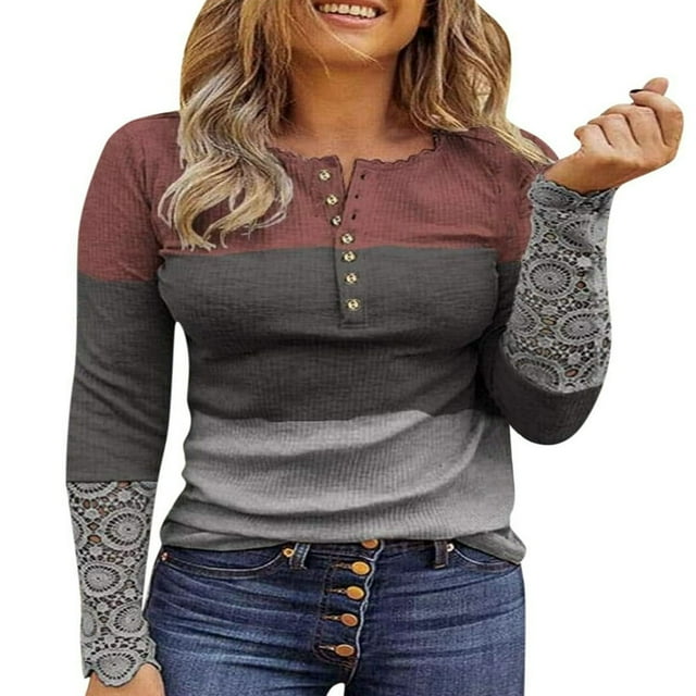 Womens Henley T Shirts Casual Lace Long Sleeve Patchwork Button Down Ribbed Slim Fit Tops Blue L