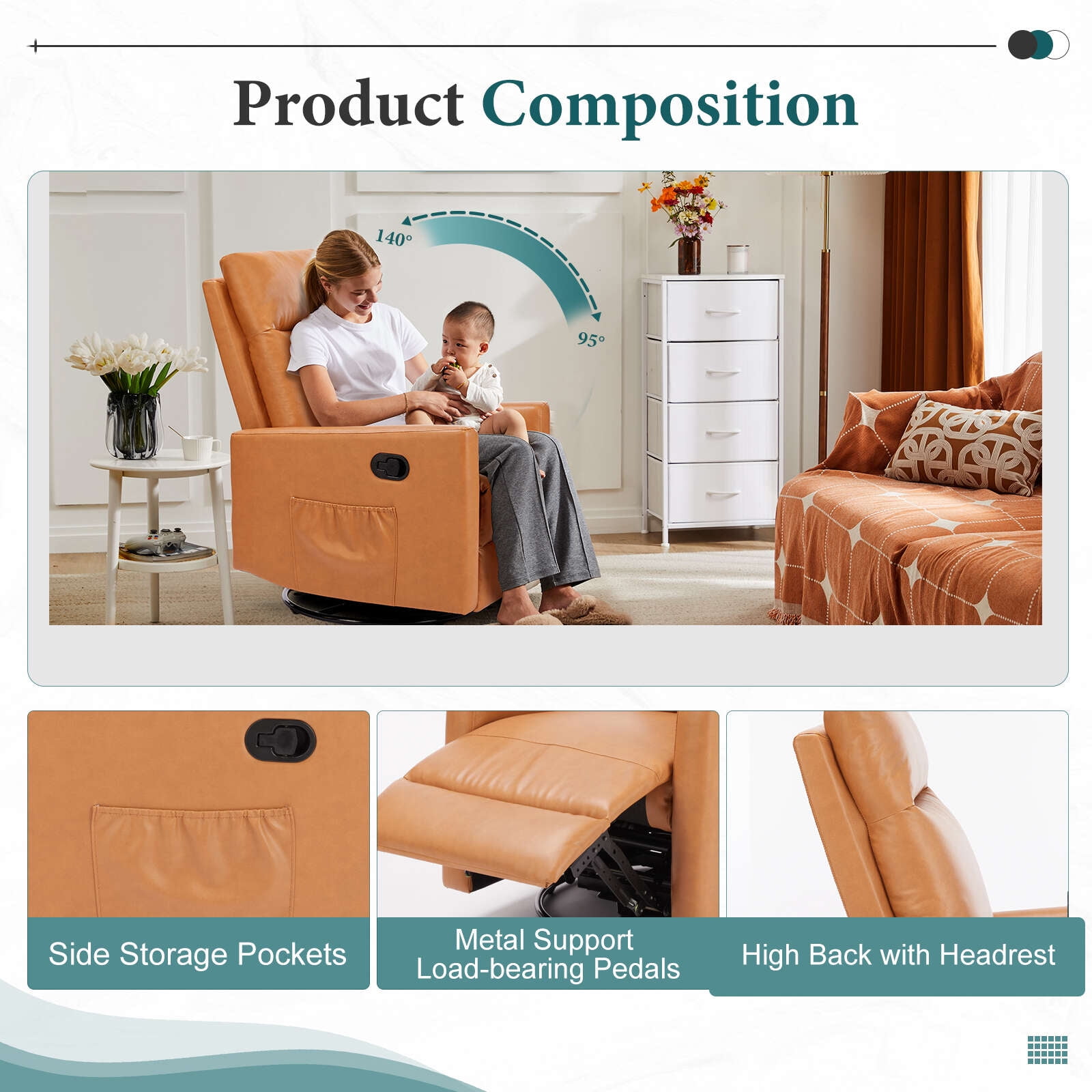 Gianna Recliner Message Chair with Footrest, Swivel Rocking Glider, High Back Upholstered Deep Seat for Living Room, Brown-1
