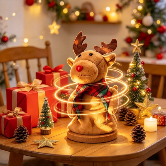Dancing Singing Reindeer Figurine Animated Musical Rotating Plush Christmas Tabletop Decor for Mantel and Shelf