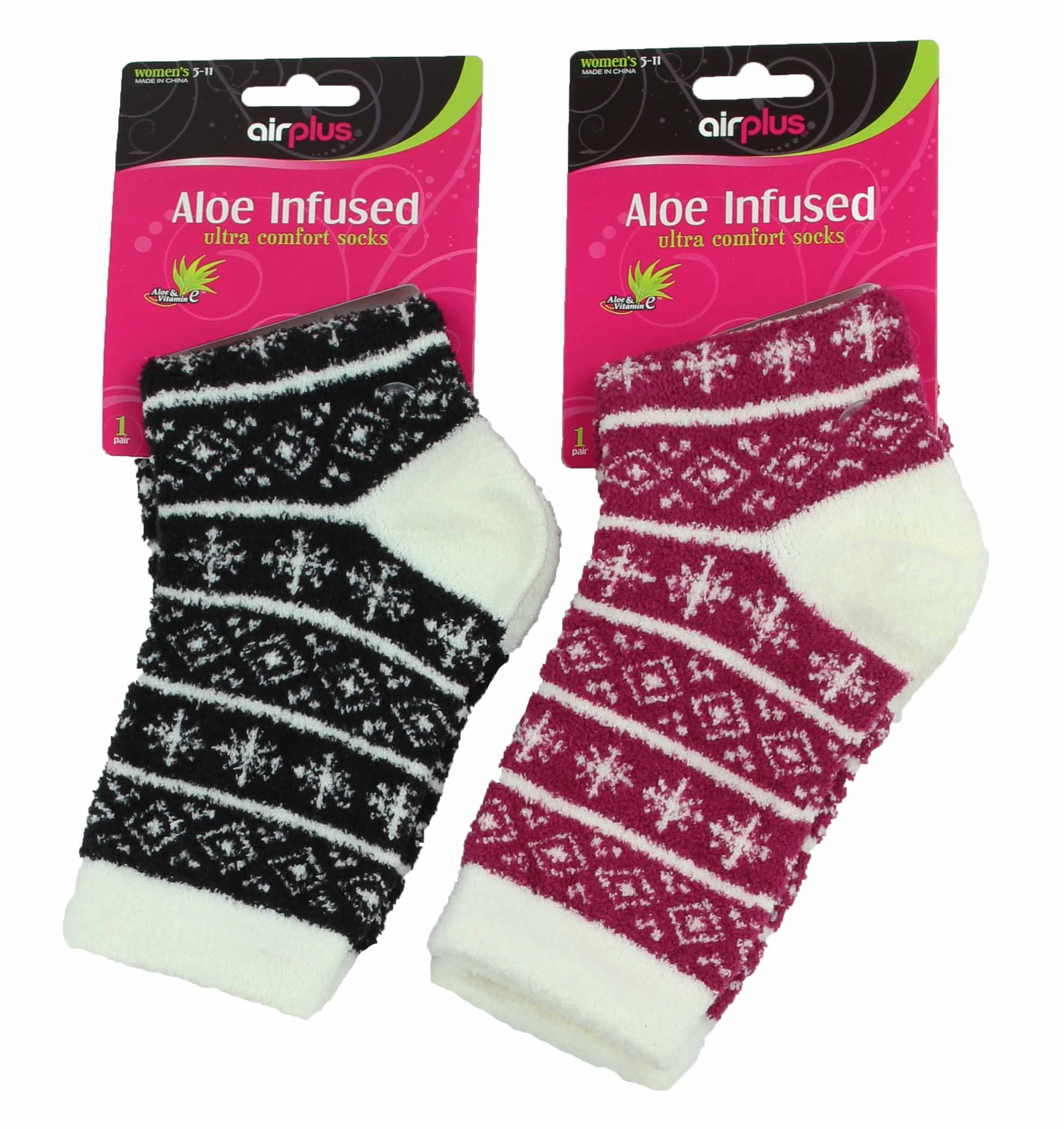 Airplus Aloe Infused Ultra Moisturizing Holiday Socks (2-Pack) (Maroon/Black Snowflake 