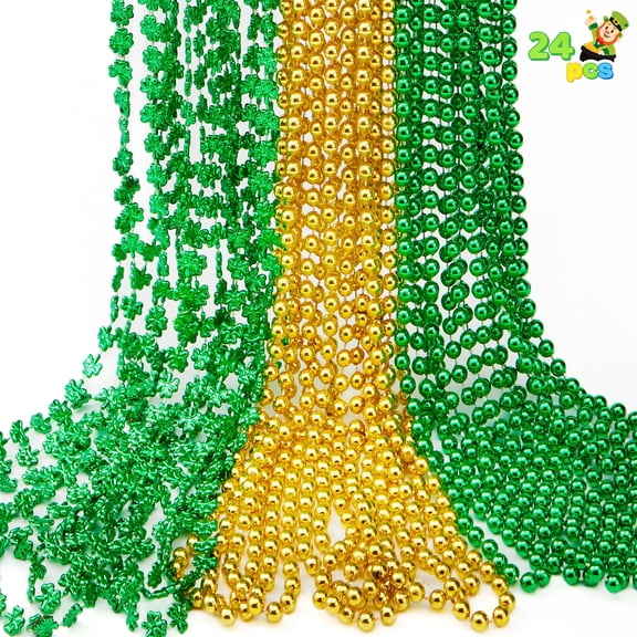 Joyfy 24 Pcs St. Patrick’s Day Necklace Set, 8 Green and 8 Gold Bead Necklaces and 8 Green Shamrock Bead Necklaces, Irish Party Favor Supplies Decorations