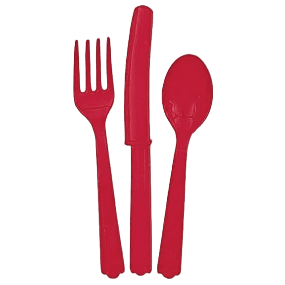 Red Cutlery Set - Disposable Party Utensils, 24-Piece Assorted Plastic Tableware (8 Forks, 8 Spoons, 8 Knives)