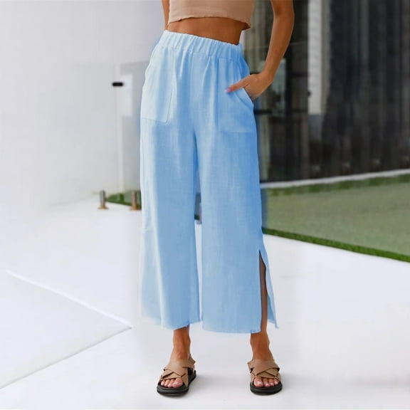 Tbopshirt Fashion Ladys High Waisted Pants Women's Casual Solid Medium Waist Pocket Loose Split Ice Silk Wide Leg Pants
